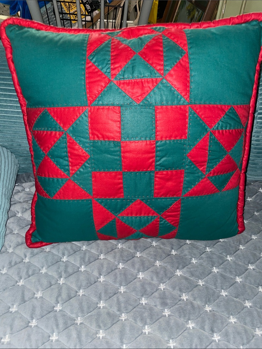 Red & green quilted accent pillow - “Jacob’s Ladder” pattern